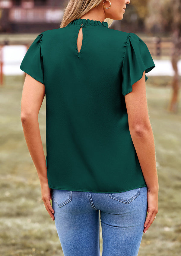Satin Dressy Casual Ruffle Short Sleeve Crew Neck Work Party Blouses