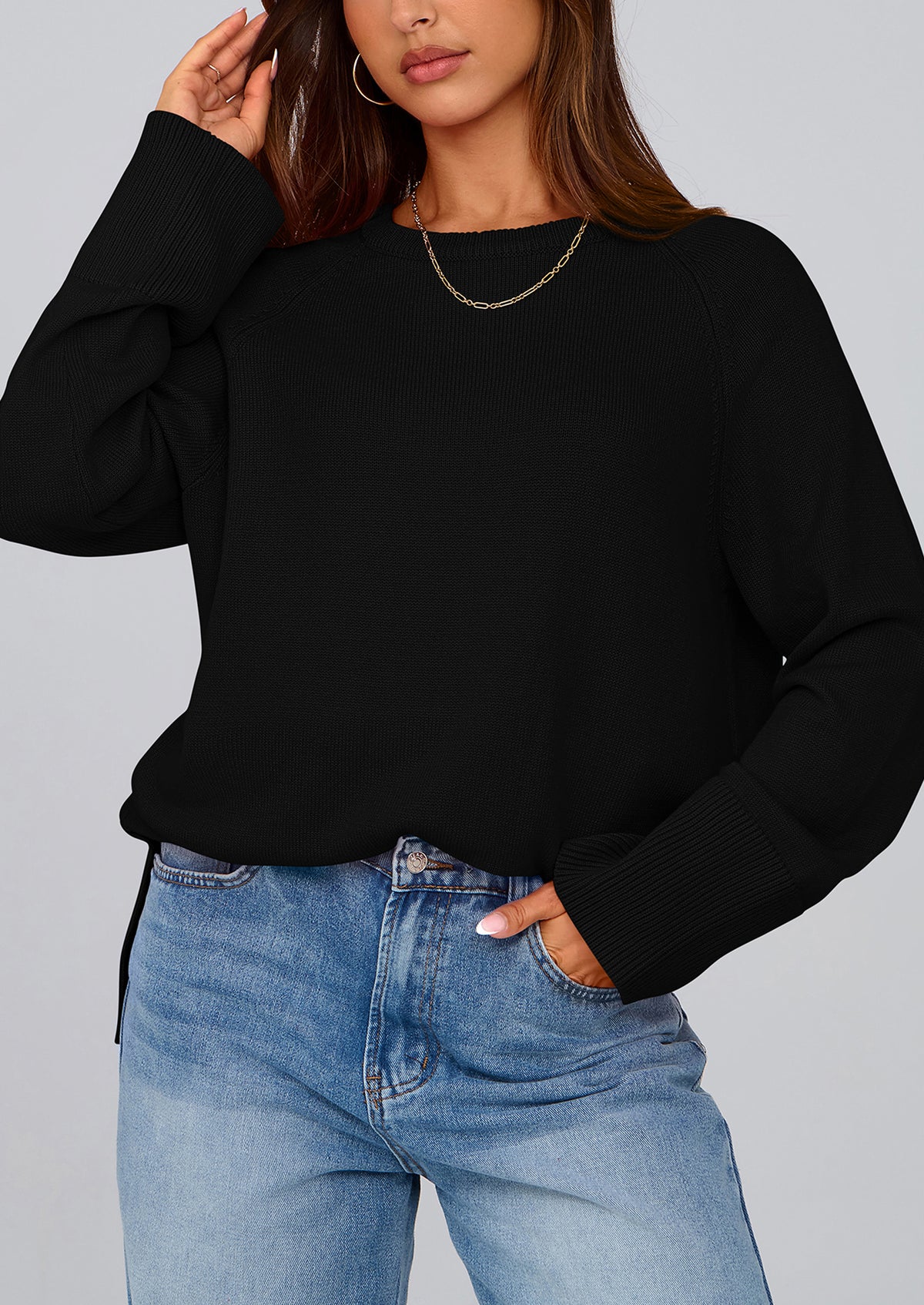 Knit Long Sleeve Crew Neck Split Hem Loose Oversized Tunic Sweaters