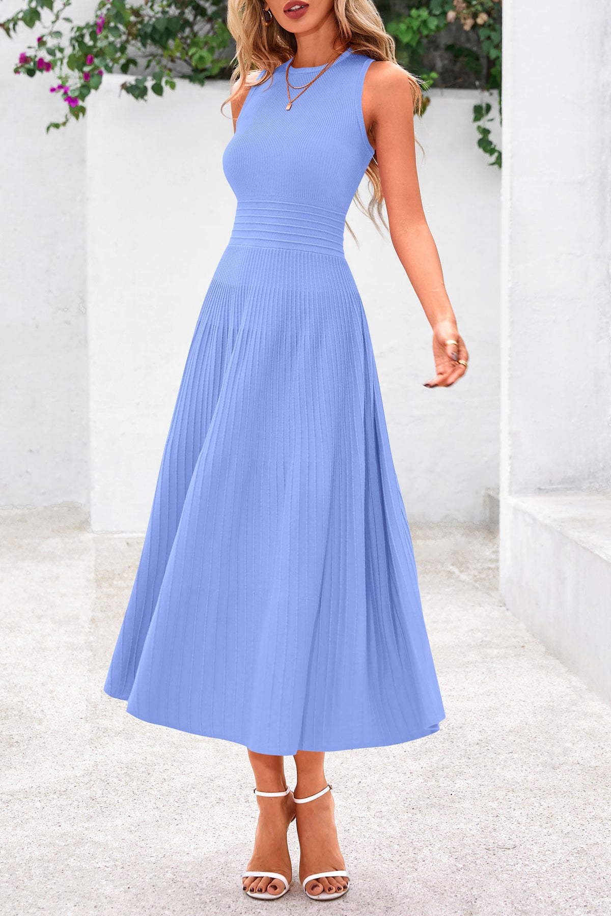 Sleeveless Crew Neck Knit A Line Pleated Swing Wedding Guest Casual Midi Dresses