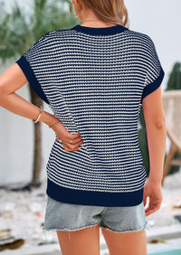 Short Sleeve Round Neck Striped Pullover Cap Sleeve Knit T-shirt