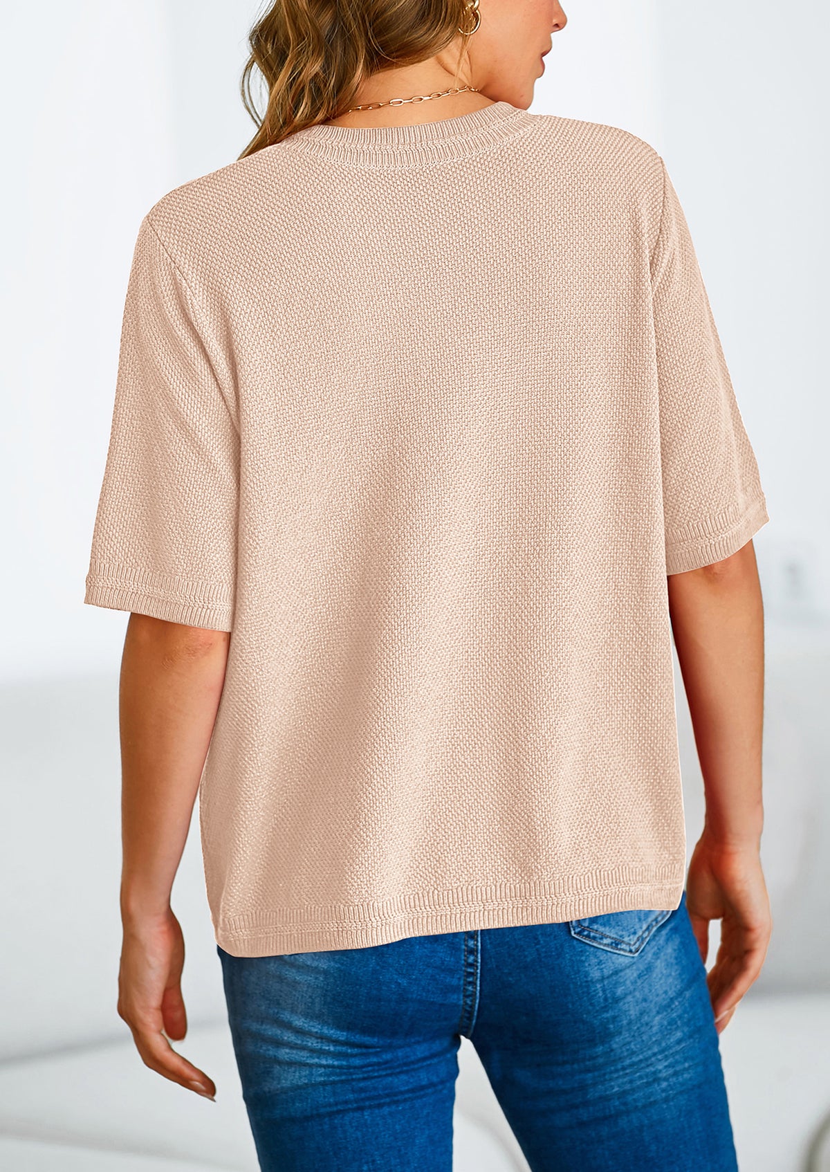 Button Down Casual Short Sleeve Crew Neck Ribbed Knit Shirts