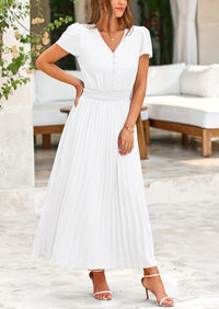 Casual Button V Neck Ruffle Cap Sleeve Long Flowy Pleated Maxi Dresses