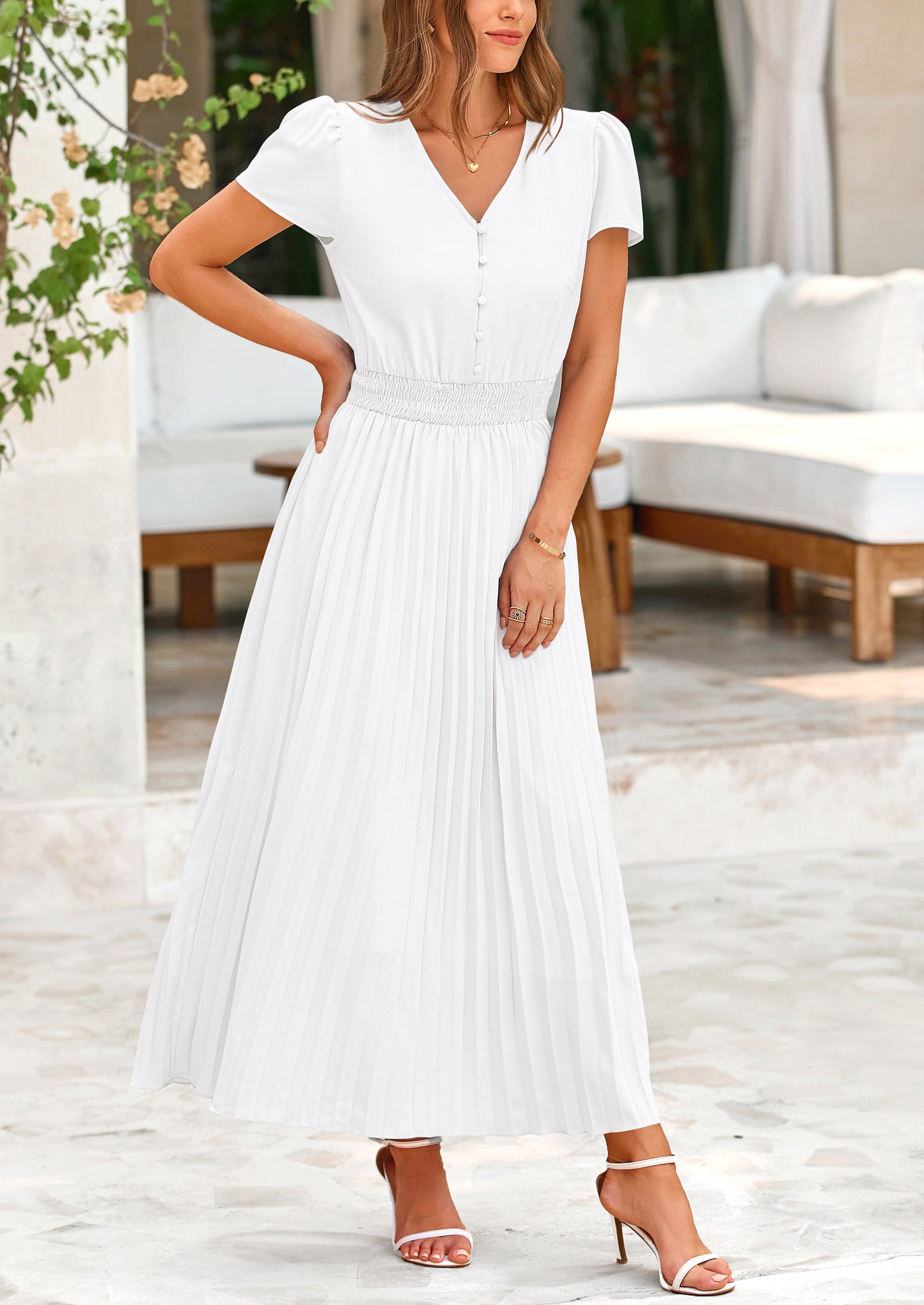 PRETTYGARDEN Women's Short Sleeve Button V Neck Casual Pleated Maxi Dresses