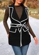 Tweed Sleeveless Lapel Button Front Belt Color Block Vest Jackets