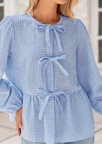 Babydoll Peplum Puff Long Sleeve Bow Tie Front Cute Y2K Blouses