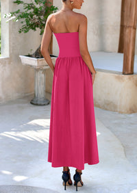 Strapless Patchwork Long Flowy Elegant Tube Top Maxi Dresses with Pockets