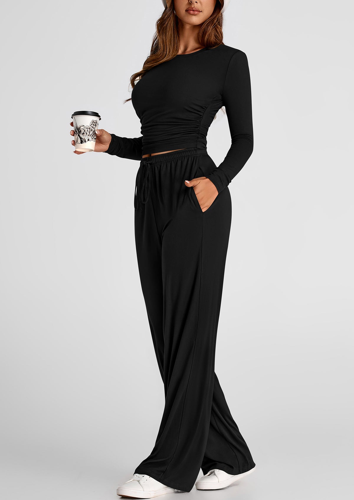 Long Sleeve Crop Tee Wide Leg Pants Two Piece Sets