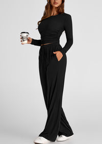Long Sleeve Crop Tee Wide Leg Pants Two Piece Sets