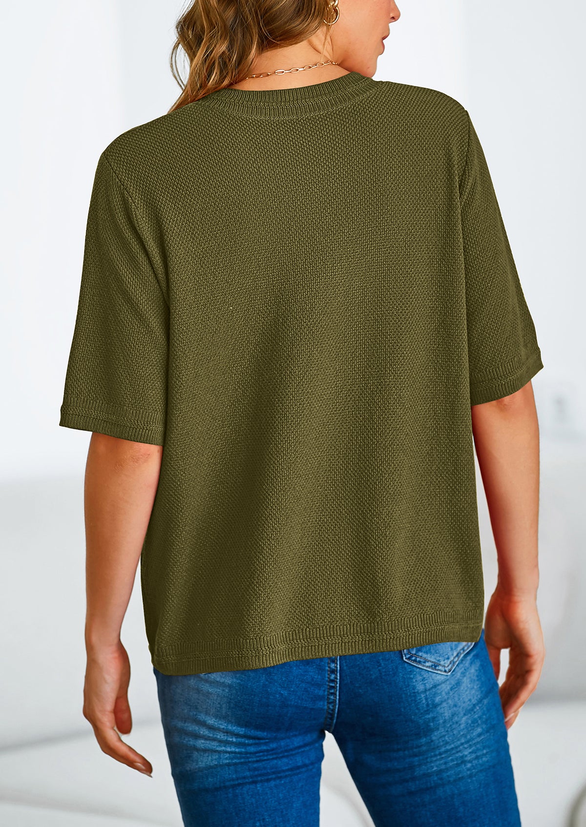 Button Down Casual Short Sleeve Crew Neck Ribbed Knit Shirts