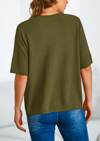 Button Down Casual Short Sleeve Crew Neck Ribbed Knit Shirts