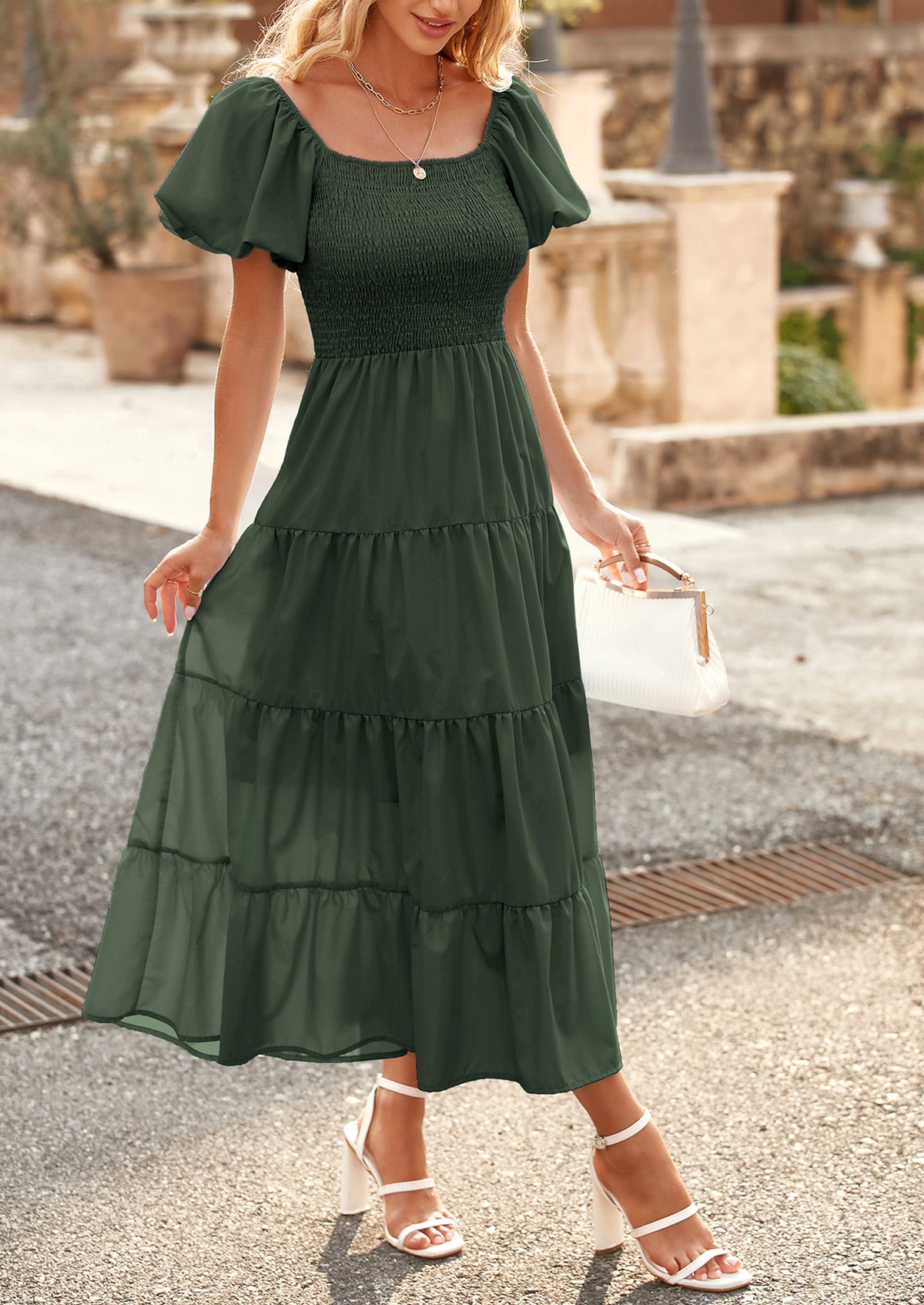 Casual Short Sleeved Square Neck Layered Pleated Dress