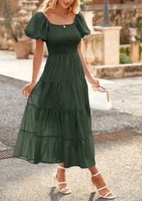 Casual Short Sleeved Square Neck Layered Pleated Dress
