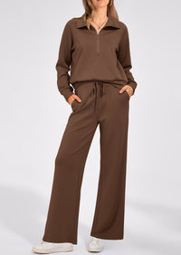 Flip Collar Half Zip Top And Wide Leg Pants Casual Two-Piece Set