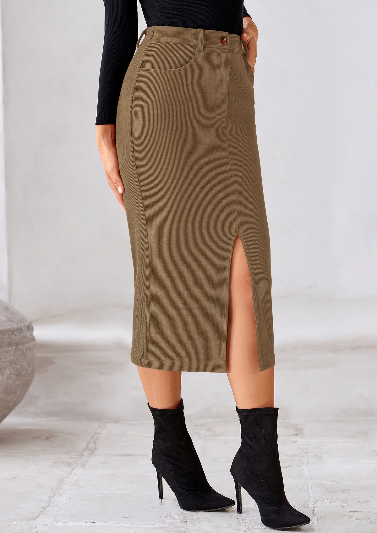 Casual Work High Waisted Long Slit Corduroy Midi Pencil Skirts