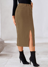 Casual Work High Waisted Long Slit Corduroy Midi Pencil Skirts