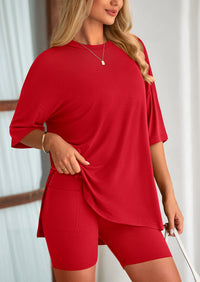 Casual Short Sleeved Round Neck Top Paired With Shorts Two-Piece Set