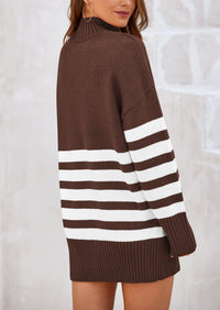 Striped Turtleneck Long Sleeve Loose Fit Chunky Knit Casual Mini Sweater Dresses