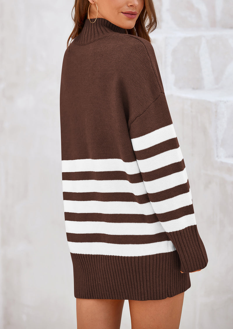 PRETTYGARDEN Women's Oversized Striped Sweaters Fall Casual Long Sleeve Turtleneck Pullover Chunky Knit Jumper Tops