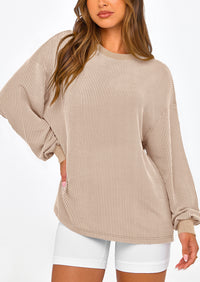 Long Sleeve Casual Loose Crew Neck Ribbed Blouse