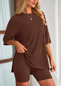 Casual Short Sleeved Round Neck Top Paired With Shorts Two-Piece Set