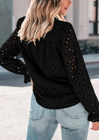 Puff Long Sleeve Button V Neck Hollow Out Lace Embroidered Casual Pullover Blouses
