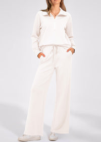 Flip Collar Half Zip Top And Wide Leg Pants Casual Two-Piece Set