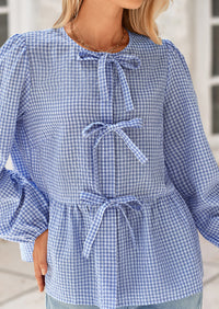 Babydoll Peplum Puff Long Sleeve Bow Tie Front Cute Y2K Blouses