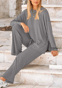 Long Sleeve High Low Tops T-Shirts Wide Leg Pants Two Piece Sets
