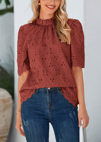 Short Sleeve Eyelet Embroidered Dressy Casual Blouse