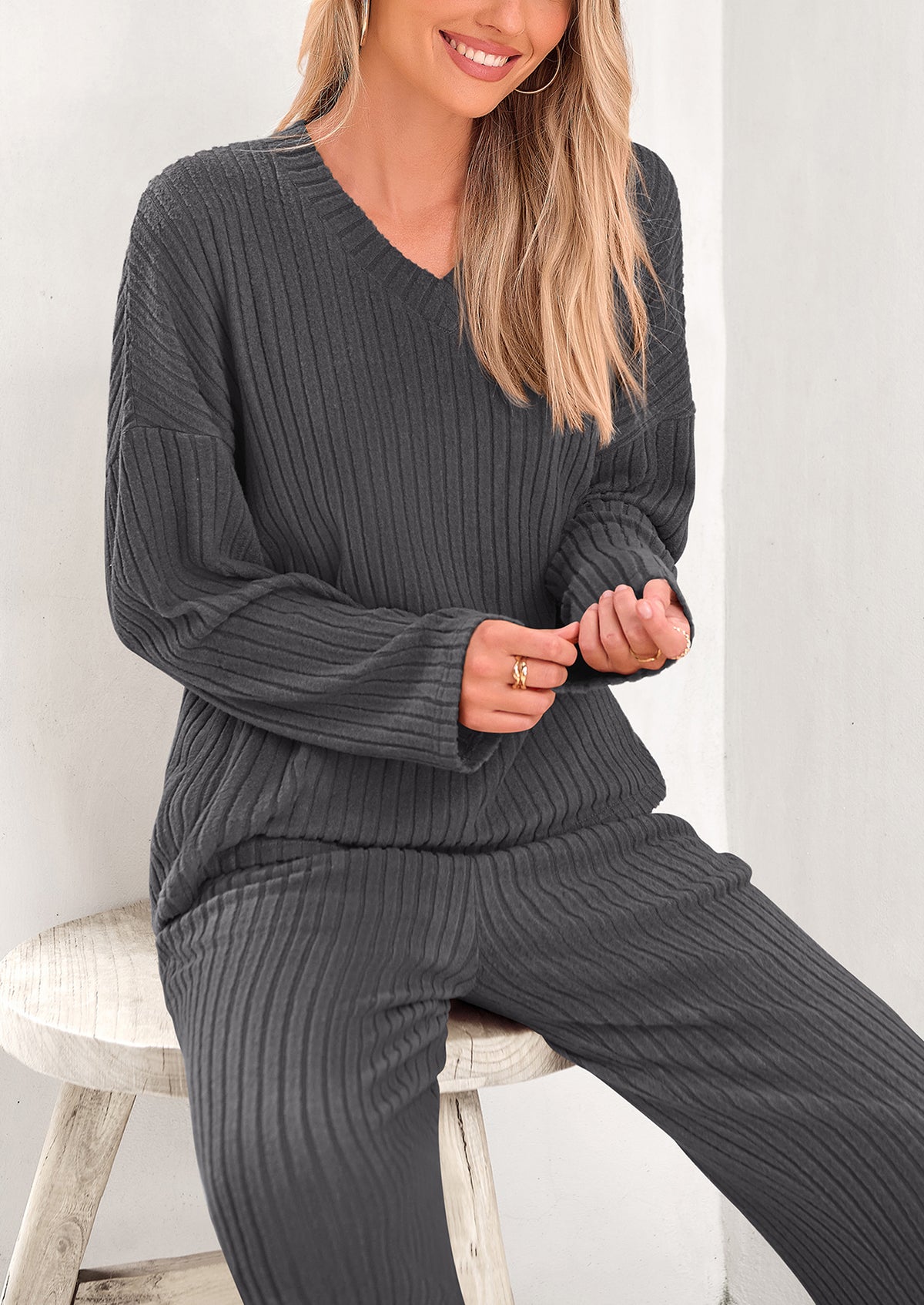 Knitted Long Sleeved V-Neck Pullover, Wide Leg Long Pants Two-Piece Set