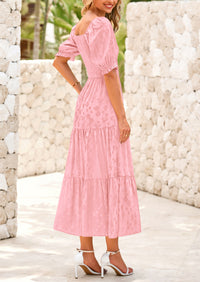 Casual Square Neck Short Sleeve Smocked A Line Floral Flowy Elegant Boho Midi Dresses