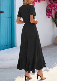 Leisure Bohemian Flower V-Neck Short Sleeved Ruffled Beach Long Skirt