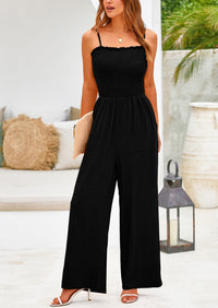 Linen Smocked Spaghetti Strap Pockets Wide Leg Jumpsuits