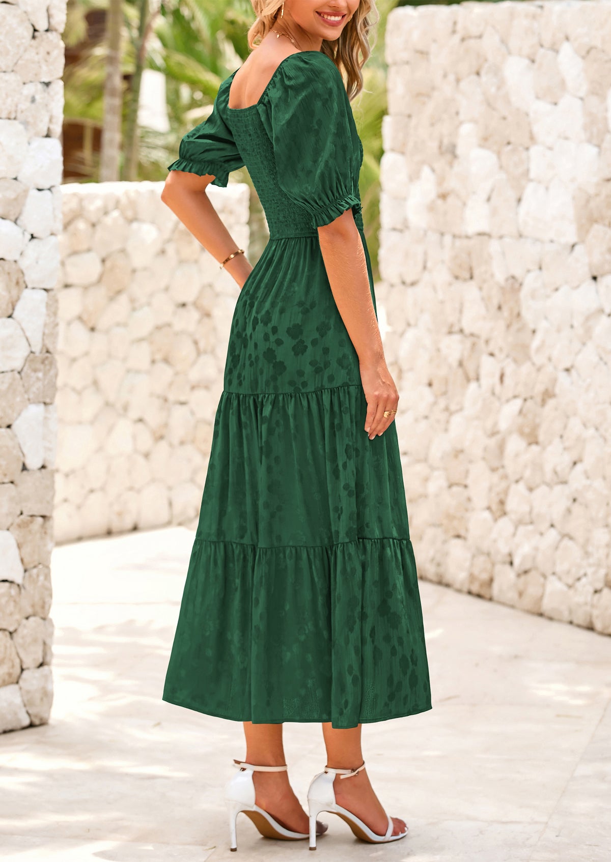 Casual Square Neck Short Sleeve Smocked A Line Floral Flowy Elegant Boho Midi Dresses