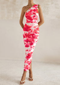 One Shoulder Bodycon Printed Ruched Mesh Party Cocktail Fitted Long Dress