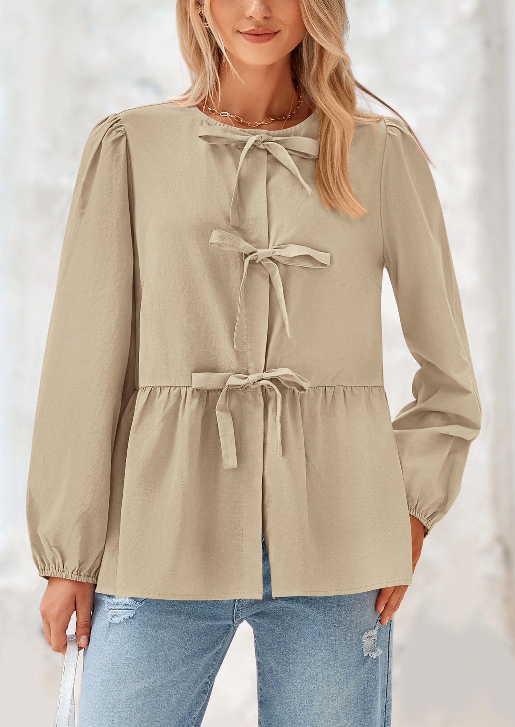 PRETTYGARDEN Women's Spring Fall Babydoll Peplum Blouse Shirt Puff Long Sleeve Bow Tie Front Trendy Cute Y2K Going Out Tops