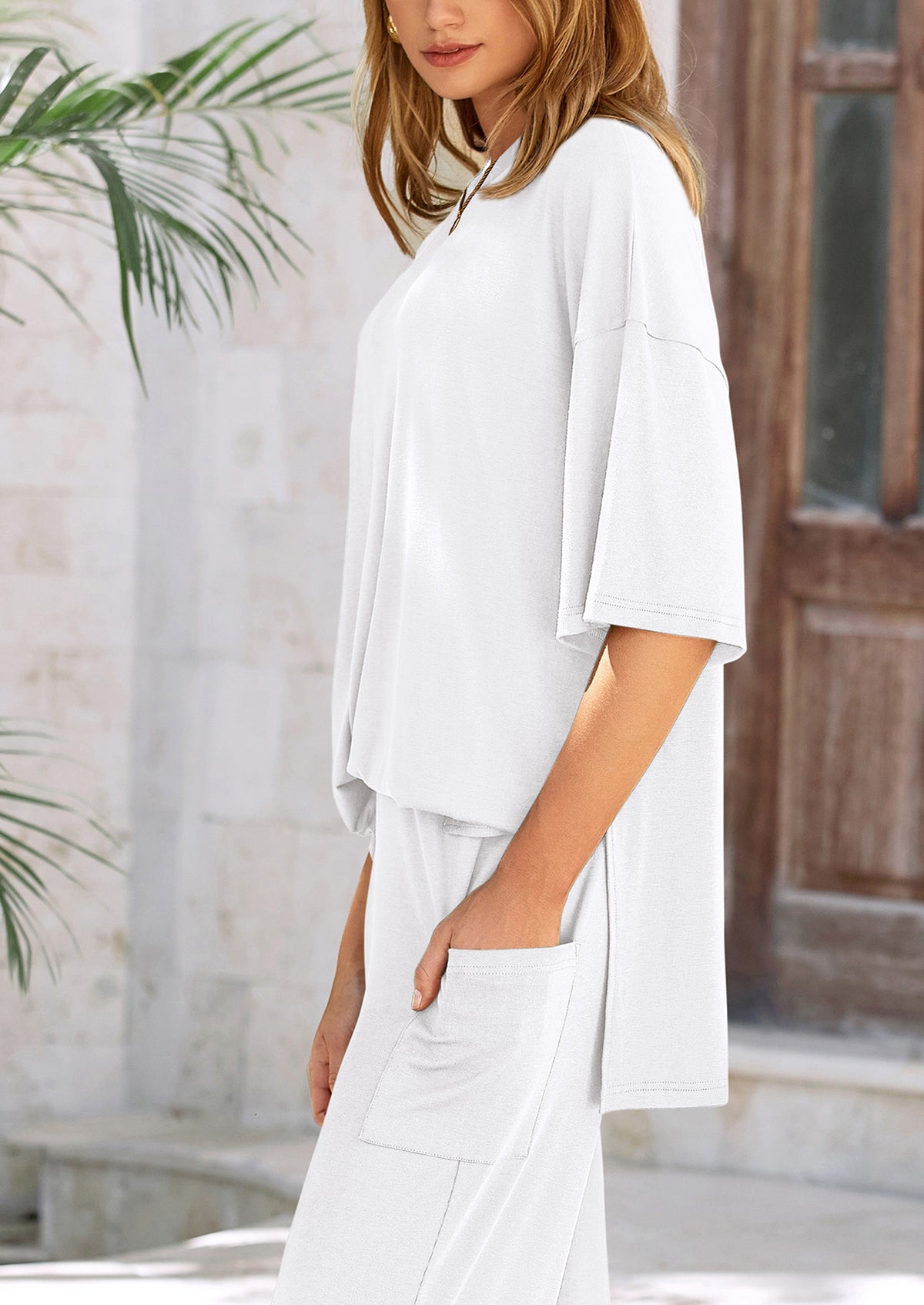 Short Sleeve Pullover Tops And Wide Leg Pants Two Piece Sets