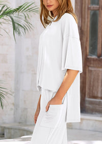 Short Sleeve Pullover Tops And Wide Leg Pants Two Piece Sets