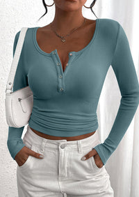 Long Sleeved V-Neck Button Slim Knit Solid Color Casual Shirt