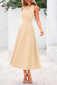Sleeveless Crew Neck Knit A Line Pleated Swing Wedding Guest Casual Midi Dresses