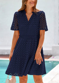 Short Sleeve V Neck Hollow Out Eyelet Ruffle A Line Swing Mini Dress