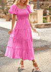 PRETTYGARDEN Casual Square Neck Smocked Tiered Ruffle Midi Dresses