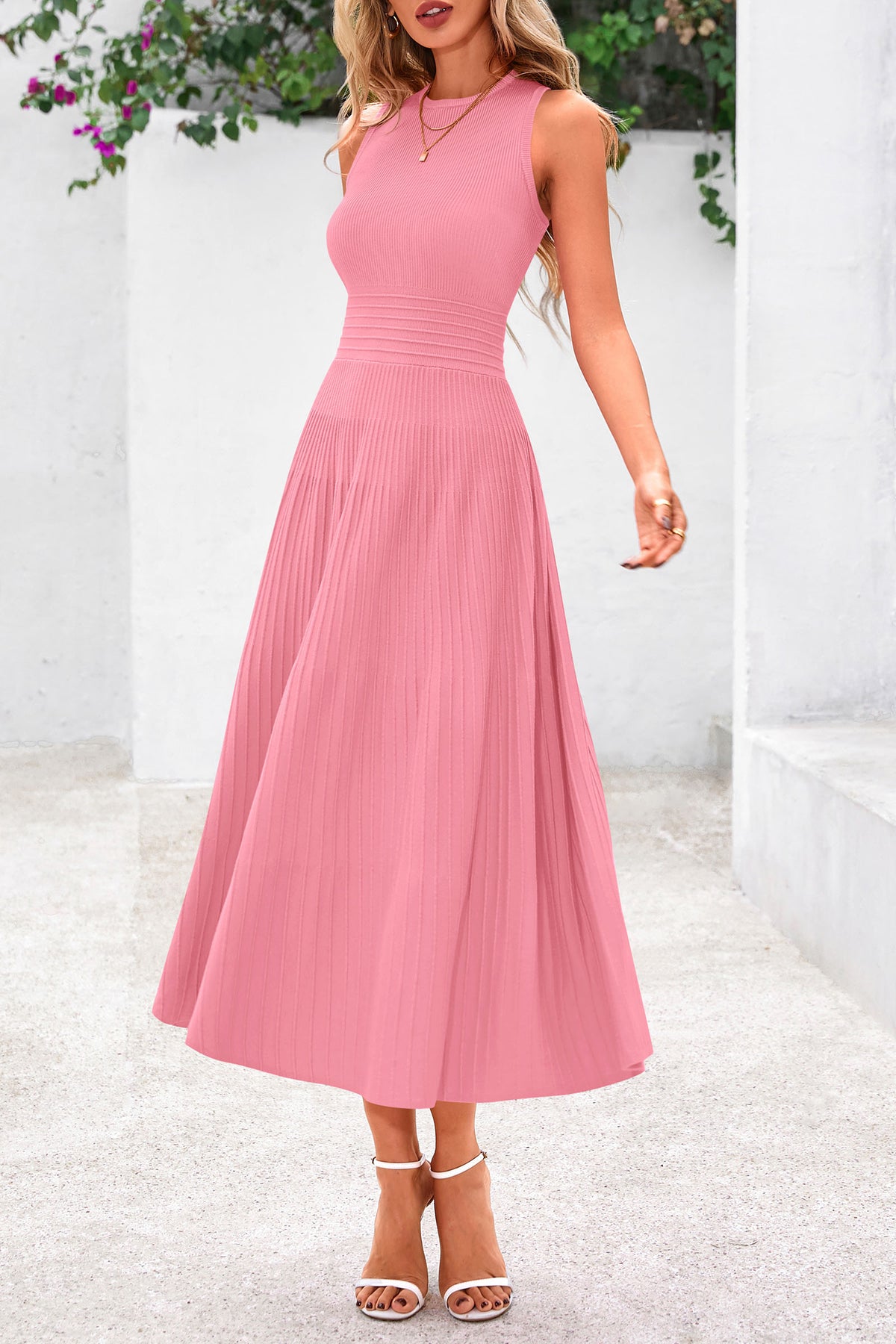 Sleeveless Crew Neck Knit A Line Pleated Swing Wedding Guest Casual Midi Dresses