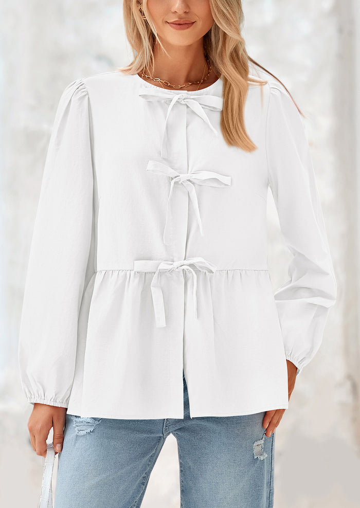 Babydoll Peplum Puff Long Sleeve Bow Tie Front Y2K Blouses