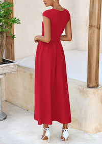 Casual Cap Sleeve Patchwork A Line Flowy Elegant Homecoming Maxi Dress