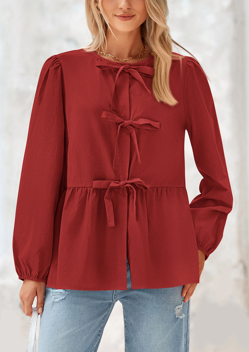 PRETTYGARDEN Women's Spring Fall Babydoll Peplum Blouse Shirt Puff Long Sleeve Bow Tie Front Trendy Cute Y2K Going Out Tops