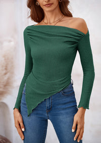 Long Sleeve Y2K Crop Top Off Shoulder Asymmetrical Fitted Knit Blouses