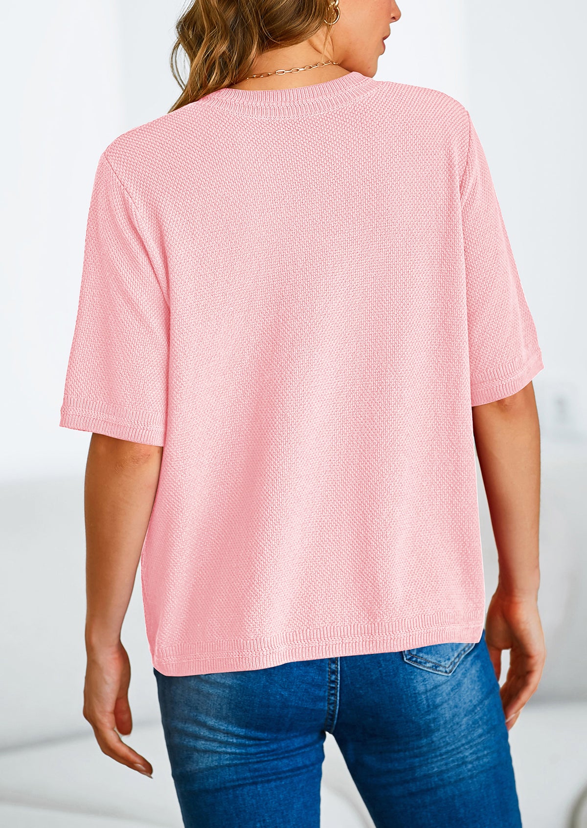Button Down Casual Short Sleeve Crew Neck Ribbed Knit Shirts