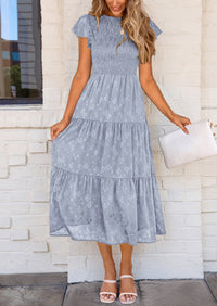 Floral  Summer Cap Sleeve Smocked Ruffle A Line Long Flowy Wedding Guest Midi Dresses