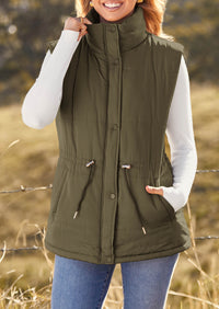 Casual Button Zipper Vest, Drawstring Sleeveless Jacket